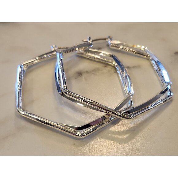 Napier Silver-Tone Geometric Hexagon Hoop Earrings - Picture 4 of 4